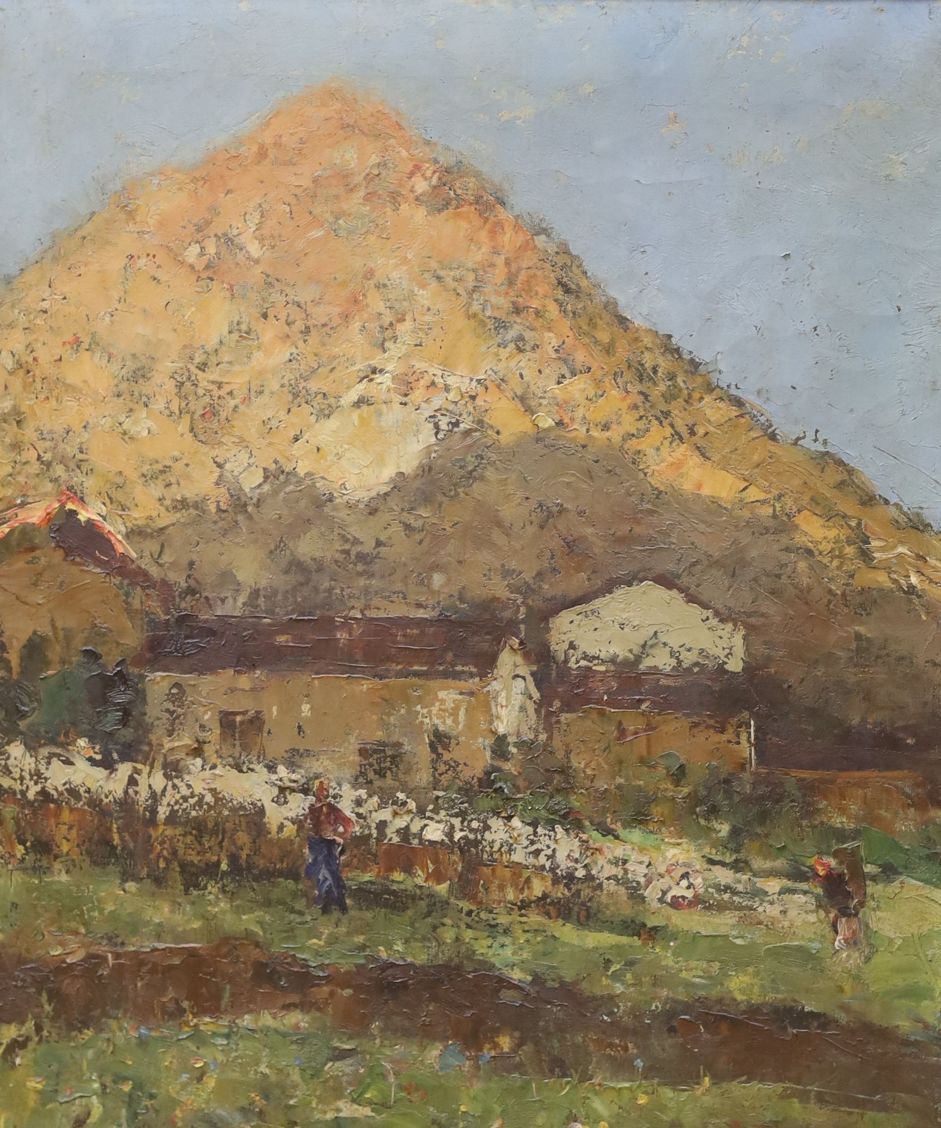 Guglielmo Pizzirani (Italian, 1886-1971), oil on canvas, Figures in a mountain landscape, indistinctly signed, 54 x 46cm